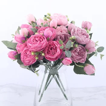 30 см Роза Розова Коприна Божур Букет от Изкуствени Цветя 5 Големи Глави и 4 Пъпки за Булчински Букет Flores Artificiales