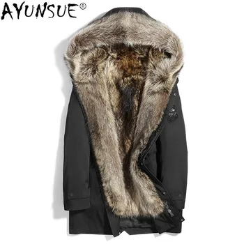 AYUNSUE Парк е със средна дължина за Зимно яке Мъжко Облекло Палто с Яка от 100% кожа на миеща мечка Топло Яке с Качулка Chaquetas Hombre LXR986