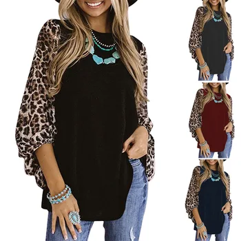 Camiseta Vintage de punto estampado de leopardo para mujer, Blusa de manga larga против cuello redondo, ropa de calle de talla y2k