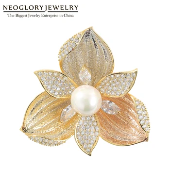 Neoglory 3 Тона Позлатени Перли във формата на Миди и ЧЕХИЯ Три лоба Цветни Брошки За Жени Специални Бели Игли За Палто Подарък за Деня На Майката