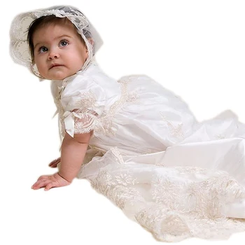 Бебешка Рокля за Кръщение, Комплект с Дантелен Нос, Шапка-Капор, Официално облекло, Облекло за Кръщаване на Новородени, Бяло Атласное Рокля за Кръщение