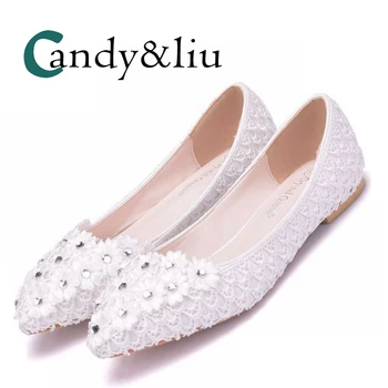 Бели дантелени сватбени обувки с аппликацией от мъниста за жени балет апартаменти с остър нос приплъзване на лодка банкет бременни булки