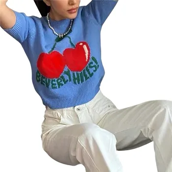 Годишният Жена Топ Y2K, Тениски, Вязаная Тениска с Къс ръкав и Принтом череши, Пуловер в стил харадзюку, Върхове, Градинска Дрехи за Момичета