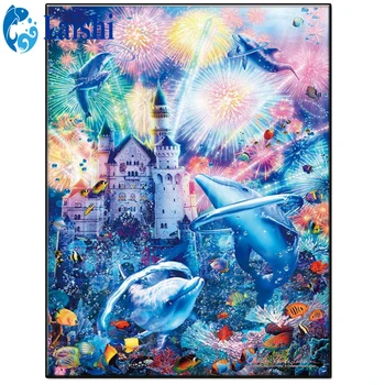 Диамантена картина на Подводния свят, пейзаж, делфини, които играят във водата, фойерверки, Пълна с квадратна/Кръгла бормашина, Домашен декор