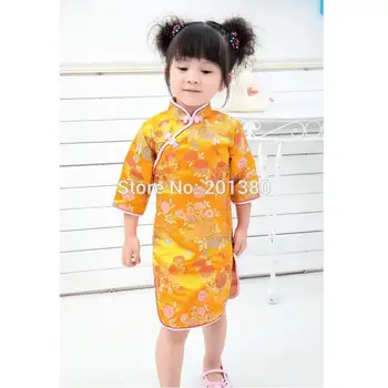 Златното Лятна рокля за момичета, Модни Детски дрехи, Традиционни китайски Цельнокроеное рокля Cheongsams Qipao за момичета