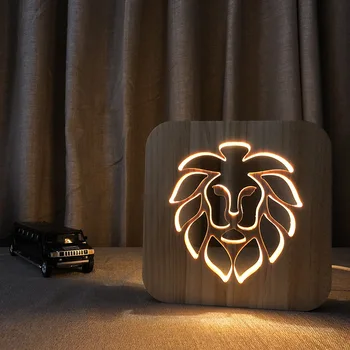 Лъв Led 3d Дървена Лампа Baby Sleep Night Light Творчески Выдалбливают Нарязани Настолна USB Лампа за Дома FS-T1886W