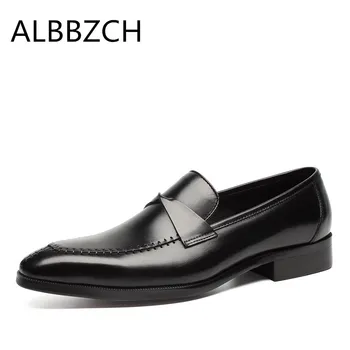 Модерни шевни бизнес модела обувки от естествена кожа, мъжки Офис работни обувки без обков с остър бомбе, мъжки лоферы, сватбени обувки 38-44