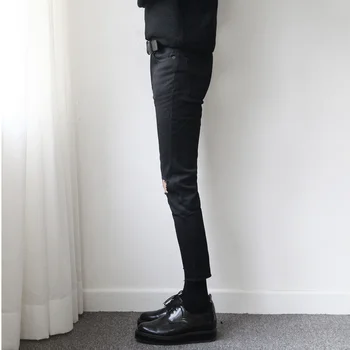 Модни корейски мъжки Модерни Панталони-Panhandlers с Един Дупка на Коляното, за Мъже плътно Прилепнали Черни Панталони-молив 2022, Нови Панталони с Дължина До Глезена