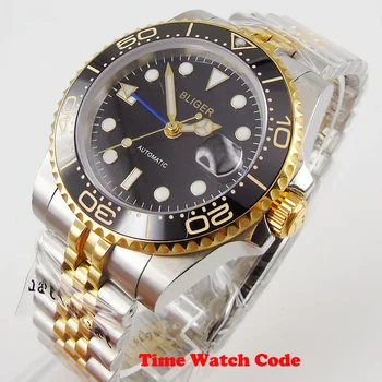 Мъжки ръчен часовник BLIGER Design с Автоматичен Механичен Черен циферблат и Дата GMT нажежен юбилейна каишка от неръждаема стомана, син сапфир Керамични bezel