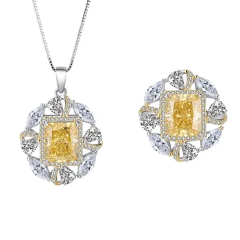 Нов моден тренд S925 сребърна инкрустация 5A циркон цвят съкровище дами жълт диамант с висулка, пръстен комплект