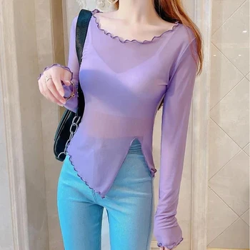 Нова Прозрачна Корея Свободна Жена Лейси Блуза, 4 Цвята, Дамски Долни Блузи, Размер S-3XL, По-Евтини Потници, Кавайная Тениска, Лилаво