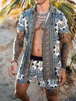 Новият годишен мъж Комплект с гавайским принтом, риза с ревери и къс ръкав, Мъжки Модни плажни шорти с принтом, бързо съхнещи къси панталони, комплект от две части, S-3XL