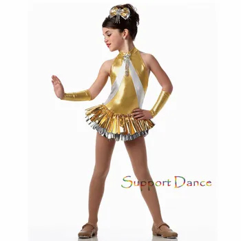 Оформление Turtlenecks Металик Злато Латинско Рокля Детски Танцов Костюм C238