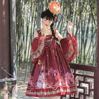Рокля фея в стил Лолита, рокля Ханфу в китайски стил, дантелено рокля с лък и викторианским принтом, кавайное рокля за момичета, лоли, готическата кимоно в стил лолита