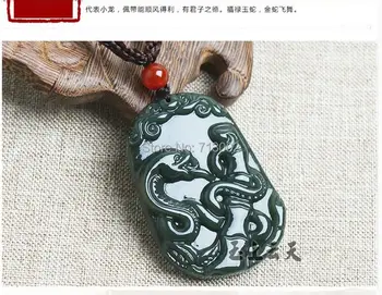 Ръчно изработени от Дялан сив нефритови jadeite Змия Висулка син сапфир Амулет, ТАЛИСМАН на зодиака